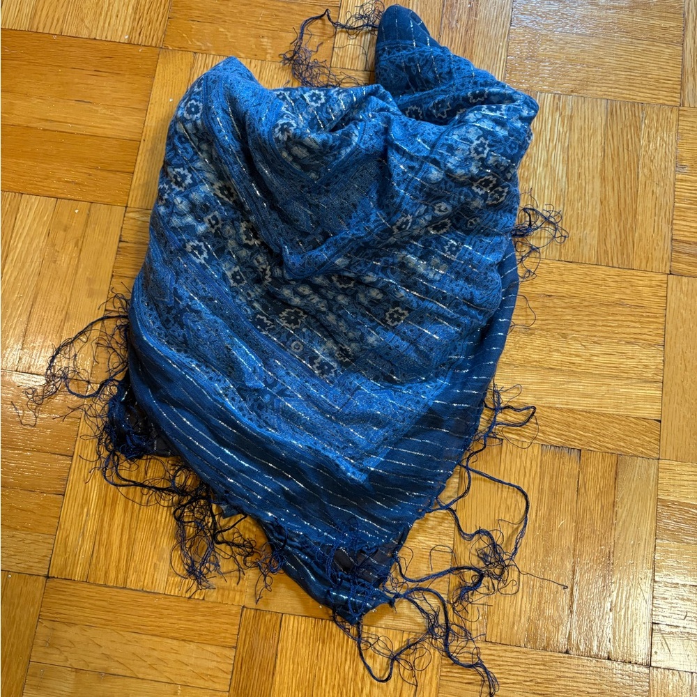 🎁 3for10$ or FREE WITH PURCHASE - Blue Patterned Scarf with Fringe